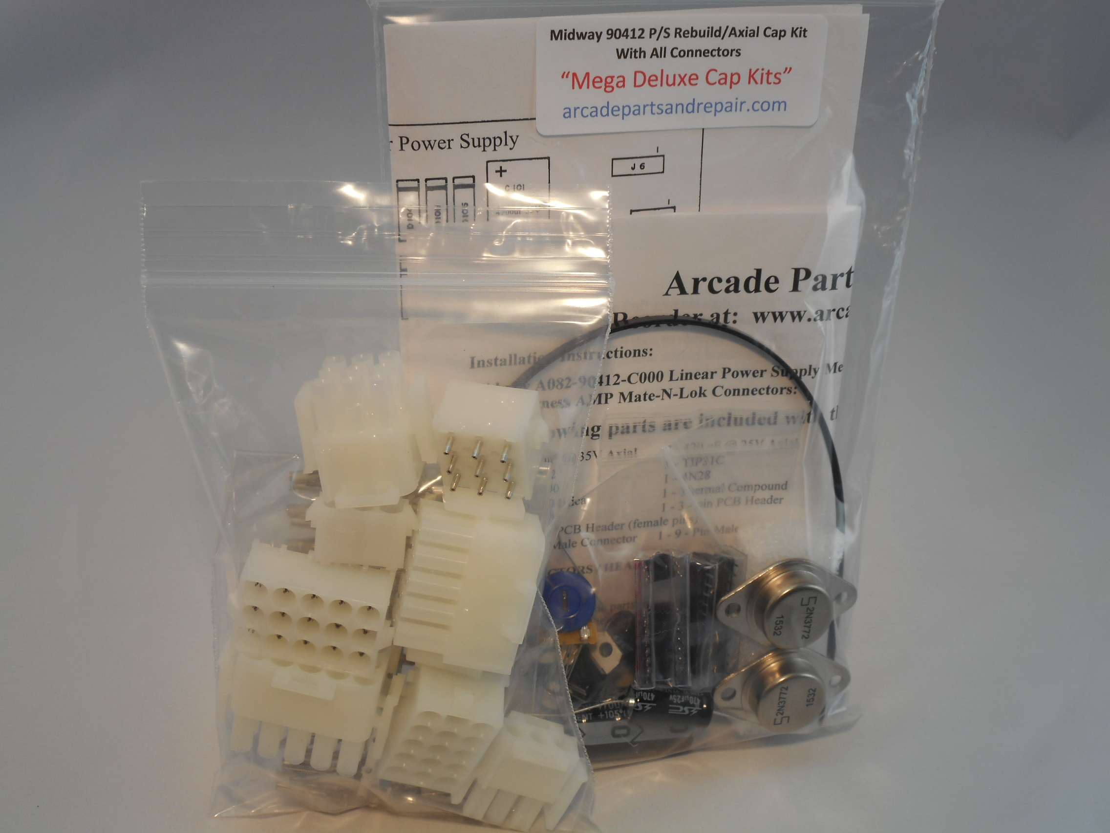 Midway 90412 Power Supply Mega Deluxe Rebuild & 105C Axial Cap Kit Including PCB / Wire Harness Connectors