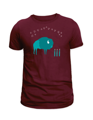 A maroon tshirt of a teal bison with birds overhead and plants stylized like a simple painting.