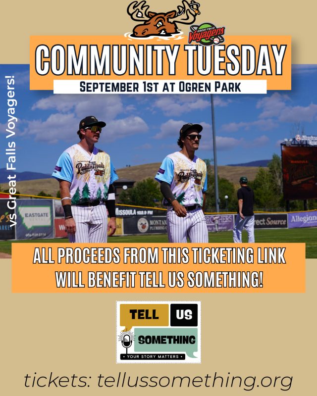 This image is a promotional graphic for a baseball event featuring the Missoula PaddleHeads. Left Side (Text & Event Info) Background: A solid dark forest-green panel. Text Header: "SEPTEMBER 1ST" in gold lettering. "LOVE MISSOULA NIGHT" in white lettering, flanked by two baseballs with red heart outlines drawn around their seams. "CITY OF MISSOULA EMPLOYEE APPRECIATION" in bold gold lettering below. Logos at the Bottom: Missoula PaddleHeads team logo (featuring a moose head and crossed baseball bats). "TELL US SOMETHING: YOUR STORY MATTERS" logo with a microphone graphic. Right Side (Action Photo) Setting: Inside a dugout during a baseball game. Action: A player wearing a pinstriped "PaddleHeads" jersey and a headband high-fives teammates and staff as he walks through the dugout. Details: Teammates in matching pinstriped uniforms and green hoodies are shown high-fiving him, creating a high-energy team moment.