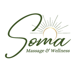 This image displays the logo for Soma Massage & Wellness against a clean, plain white background. Main Typography: The brand name "Soma" is written in a large, sweeping, dark-olive-green cursive script. The letter "S" features a prominent, elegant top loop that arcs over the rest of the text. Sun Graphic: Integrated into the upper right portion of the word "Soma" (nestled between the letters 'o' and 'm') is a rising sun motif. The sun's circular outline has a subtle gold metallic gradient, while fine, hand-drawn olive green lines radiate upward and outward to represent sun rays. A thin horizontal line extends across the base of the sun motif. Subtext: Below the script, the words "Massage & Wellness" are rendered in a neat, dark-olive-green serif font with light italicization.